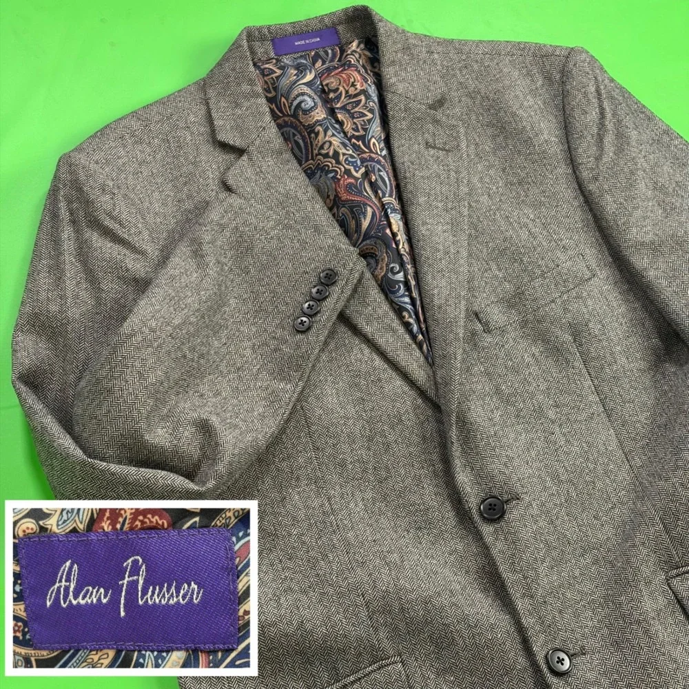 Alan Flusser Paisley Herringbone Blazer Mens M Gray Wool Sport Coat Suit Jacket